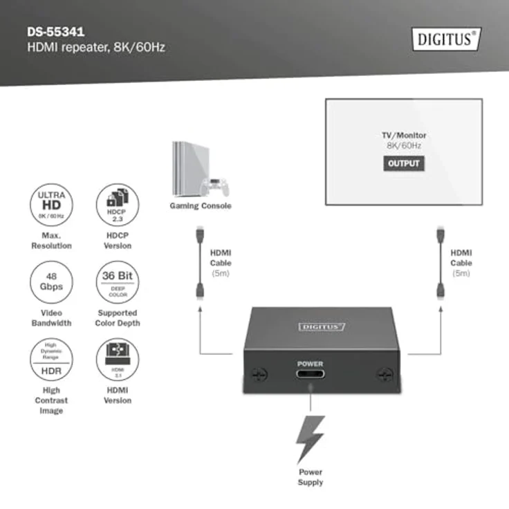 DIGITUS DS-55341 HDMI Repeater – UHD 8K/60 Hz (HDTV: 7680 × 4320p) Max. 10 m – UHD 4K/60 Hz Max. 13 m – Signalverstärker, HDMI 2.1, HDCP 2.3, Deep Color, DTS, Dolby Digital, LPCM – Power: USB-C, Ultra-Slim Design – Bild 3