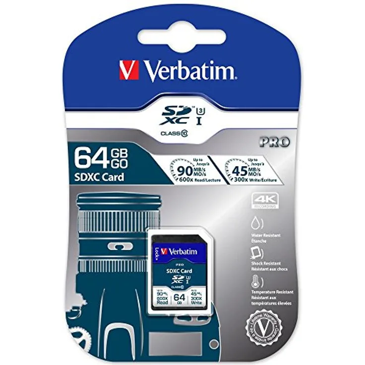 Verbatim Pro U3 SDXC-Karte 64GB - SD-Karte - Für 4K-Videoaufnahmen - Wasser- und stoßfest - schwarz