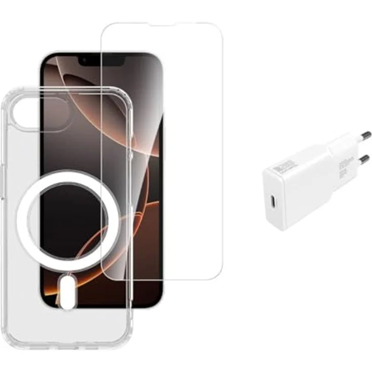 4smarts 3 in 1 Starter Set für Apple iPhone 16e, transparente Smartphone Hülle mit 20W Netzteil und 9H Schutzglas – Bild 1