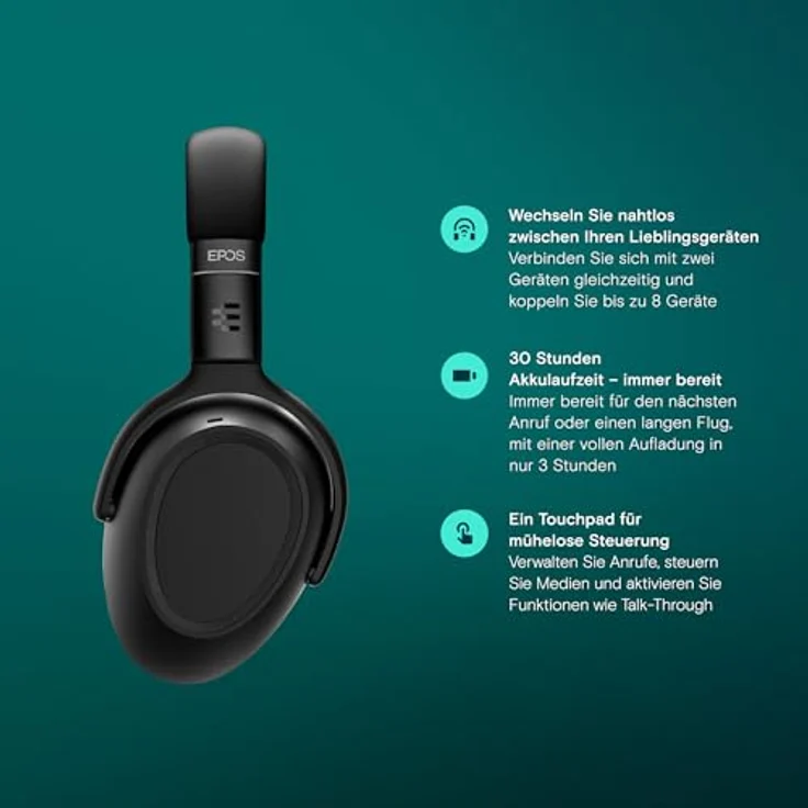EPOS Adapt 660, USB-C Kabelloses Bluetooth Headset mit hybrider ANC, UC-Zertifiziert, 30 Std. Akku, Dual-Geräte-Verbindung, Komfortables Over-Ear Design, Schwarz – Bild 3