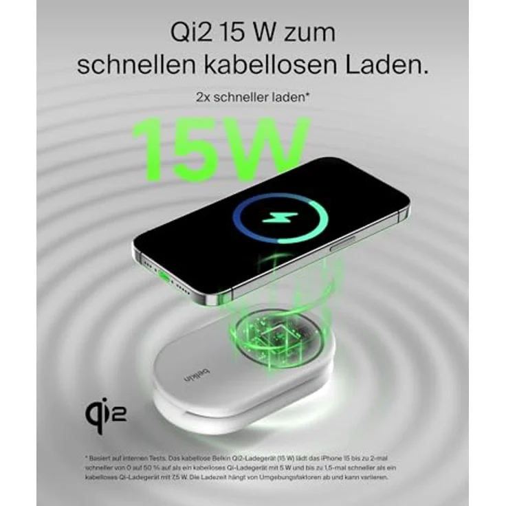 Belkin BoostCharge 2-in-1 magnetisches einklappbares Ladegerät Qi2, MagSafe-kompatibles 15 W, Schnellladegerät für Apple iPhone 16/15/14/13/12, induktive Ladestation, inklusive Netzteil - Weiß – Bild 3