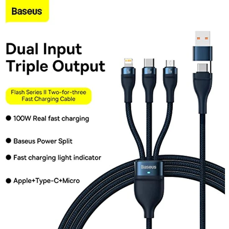 Baseus Flash Series II 100W 3-in-1 USB Kabel, Typ C/A zu C/Lightning/micro USB, 1,2m, Blau – Bild 2