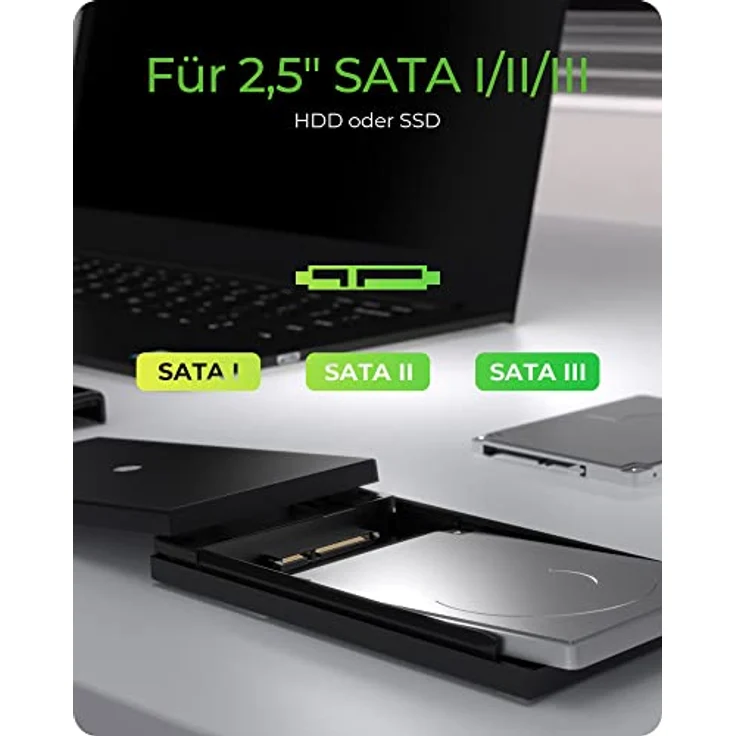 ICY BOX USB-C Festplattengehäuse für 2, 5 Zoll SSD/HDD mit USB 3.0 (5 Gbit/s), Externes SATA Gehäuse, Werkzeuglos, SSDs bis 9, mm Höhe, USB-A Adapter, IB-200T-C3, Schwarz – Bild 5