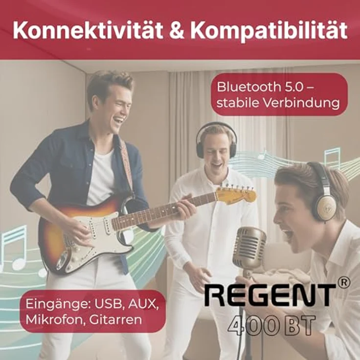 Ferguson Regent 400BT, Bluetooth Lautsprecher 60W mit FM-Radio, Mikrofon Karaoke, RGB-LED, tragbar mit Akku für Outdoor, HiFi-Sound, Bass Boost, Gitarreingang – Bild 5