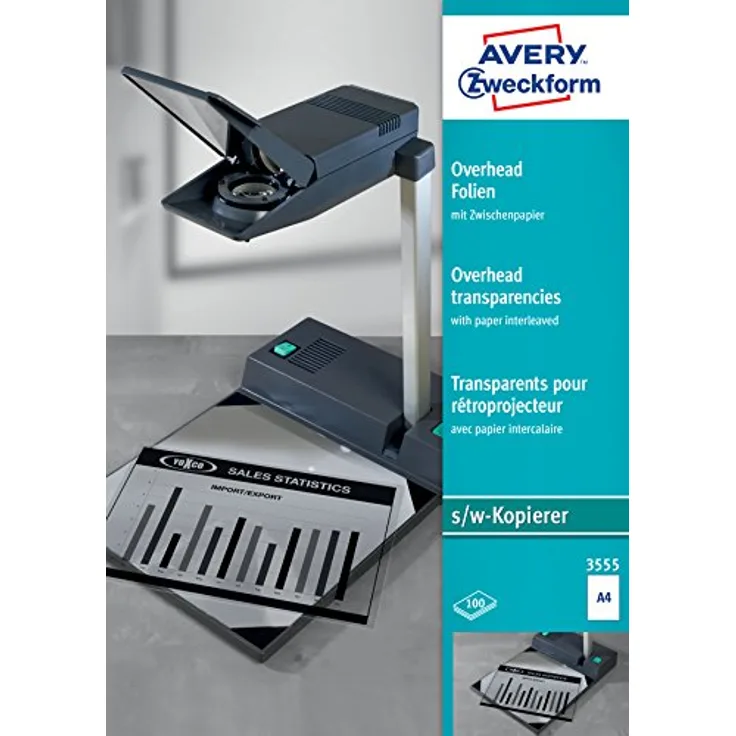 AVERY Zweckform 3555 Overhead-Folien für S/W Kopierer (100 Transparentfolien, A4, unbeschichtet, nur für Einzelblatteinzug, mit Zwischenpapier, Folienstärke 0,10mm, lösemittelfrei)