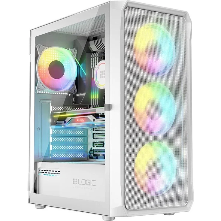Logic PORTOS ARGB MINIDI USB-3.0-Gehäuse Weiß, Midi-Tower mit Seitenfenster, 4x 2,5'' und 2x 3,5'' Schacht, RGB-Beleuchtung, Kabelmanagement