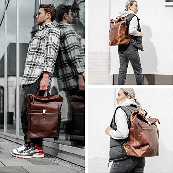 Corno d´Oro Handgefertigter Leder Rolltop Rucksack Braun Groß bis 25l für 17 Zoll Laptop Vintage Backpack – Bild 2