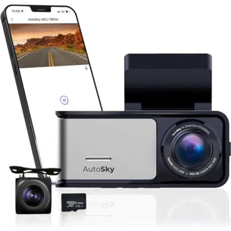 AutoSky 4K Dual Dashcam mit GPS & WLAN – Frontkamera 4K Ultra HD, Rückkamera 1080P, 140° Weitwinkel, G-Sensor, Loop- & Zeitraffer-Aufnahme, Nachtsicht, Bewegungserkennung, schwarz