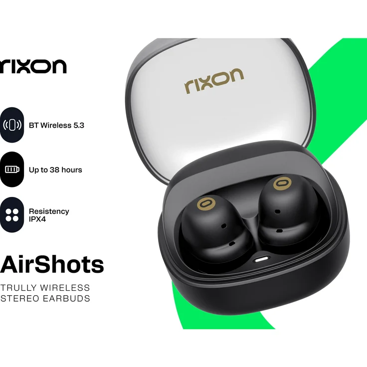 Rixon AirShots Earbuds, Kabellose Kopfhörer mit erstklassigem Sound, Schwarz
