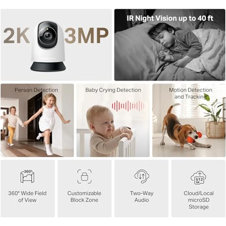 Mercusys MC210, Pan/Tilt Home Security Wi-Fi Kamera mit 2K 3 MP Video, Nachtsicht, Zwei-Wege-Audio, 512 GB microSD Unterstützung – Bild 2