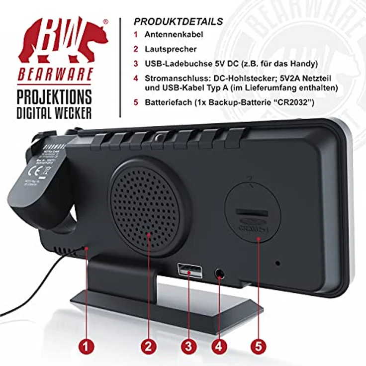 CSL - Radiowecker digital – Projektionswecker – 7 Tasten – 2 Alarme – Projektion und Licht – Autodimmer - 15 FM Radiospeicher – Temperatur und Luftfeuchtigkeitsanzeige - mit Netzteil – Bild 4