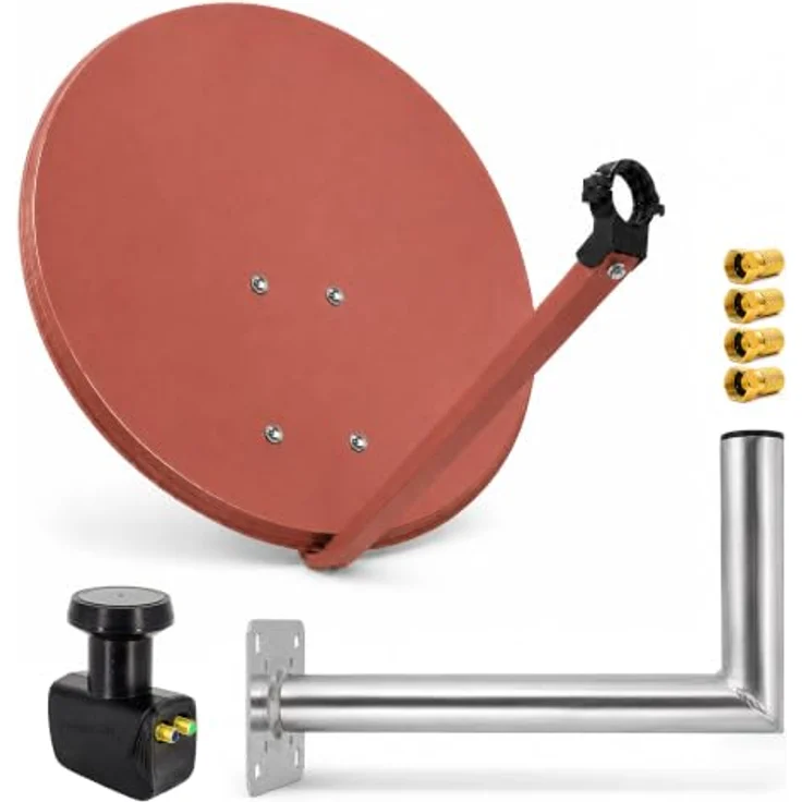 PremiumX PXS80 Satellitenantenne, 80cm Ziegelrot mit Twin LNB 0,1dB, Aluminium Wandhalter 45cm – Bild 1