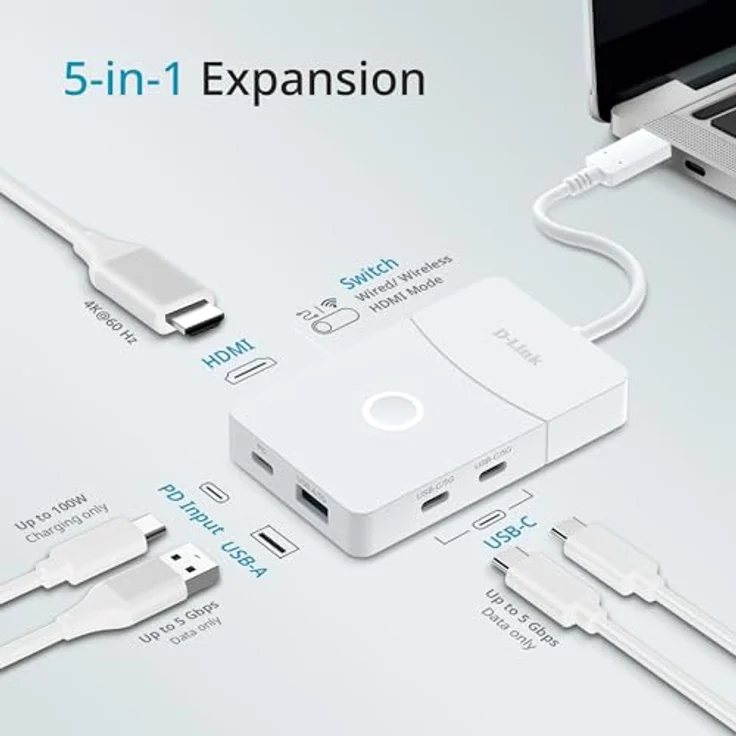 D-Link DUP-501 USB-Hub, 5 Port USB 3.2 Gen1 mit 5 GBit/s und Wireless HDMI, Weiß – Bild 3