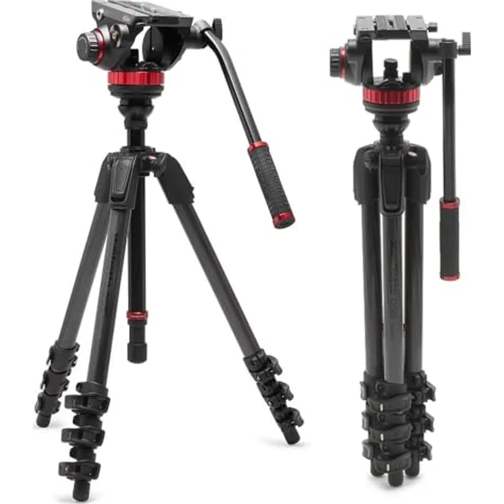 Manfrotto 055 Video-Stativ mit 502 Video-Fluid-Kopf, Carbonfaser, professionelles Schwerlast-Stativsystem, mit Nivelliersäule, Hebelverriegelung, Kamerastativ, für DSLR/spiegellose Kameras, Camcorder, schwarz – Bild 1
