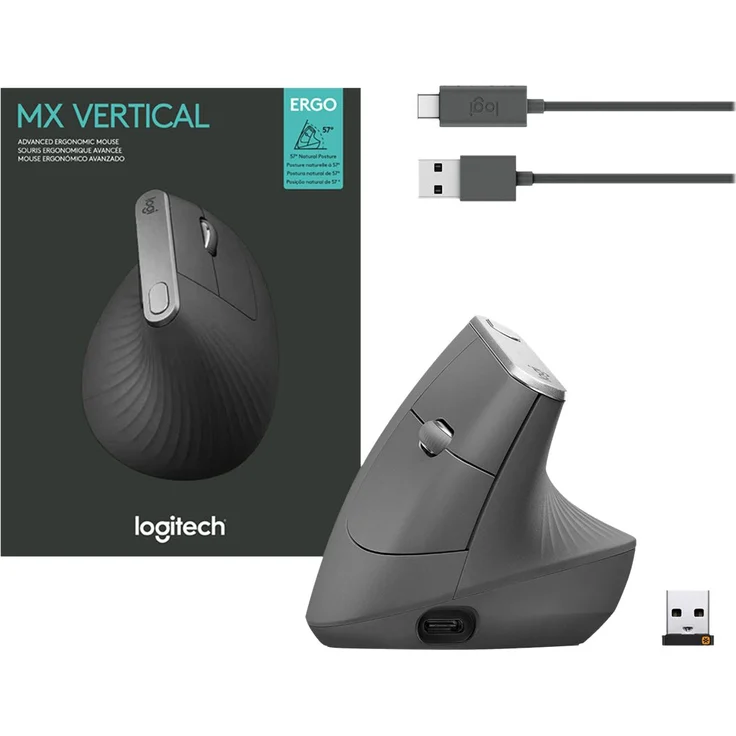 Logitech MX Vertical Ergonomische Kabellose Maus, Bluetooth und 2.4 GHz Verbindung via Unifying USB-Empfänger, 4000 DPI Sensor, Wiederaufladbarer Akku, 4 Tasten, Multi-Device, PC-Mac-iPadOS - schwarz – Bild 8