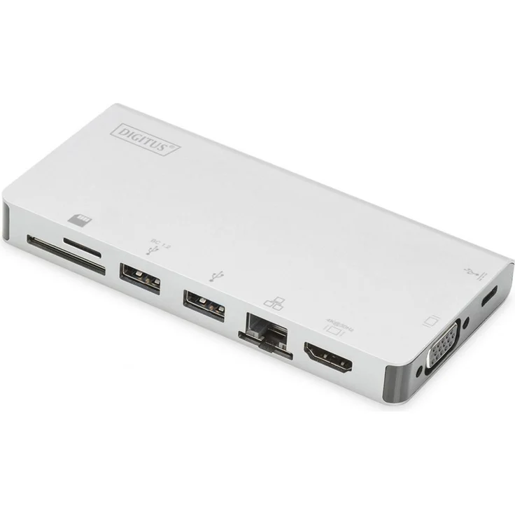 DIGITUS Multiport Docking-Station - USB-C Dock 8 Ports - HDMI VGA, RJ45, 2x USB 3.0, Ladeport, Cardreader - Silber – Bild 2