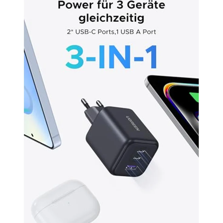 UGREEN 45W USB C Ladegerät 3-Port PPS Schnellladegerät, kompakt und leistungsstark für Galaxy S25 Ultra, iPhone 17 Pro Max, MacBook Air, mit GaN Technologie und umfassendem Ladeschutz – Bild 3