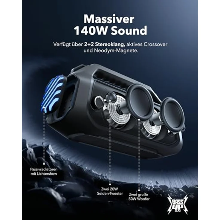 soundcore Boom 2 Plus Outdoor Lautsprecher, 140W, 2+2 Channel, BassUp 2.0, 20h, Schnellladung, IPX7 wasserdicht, RGB Lichter, USB-C, Power Bank, BT 5.3, tragbarer Bluetooth Lautsprecher, Camping – Bild 3