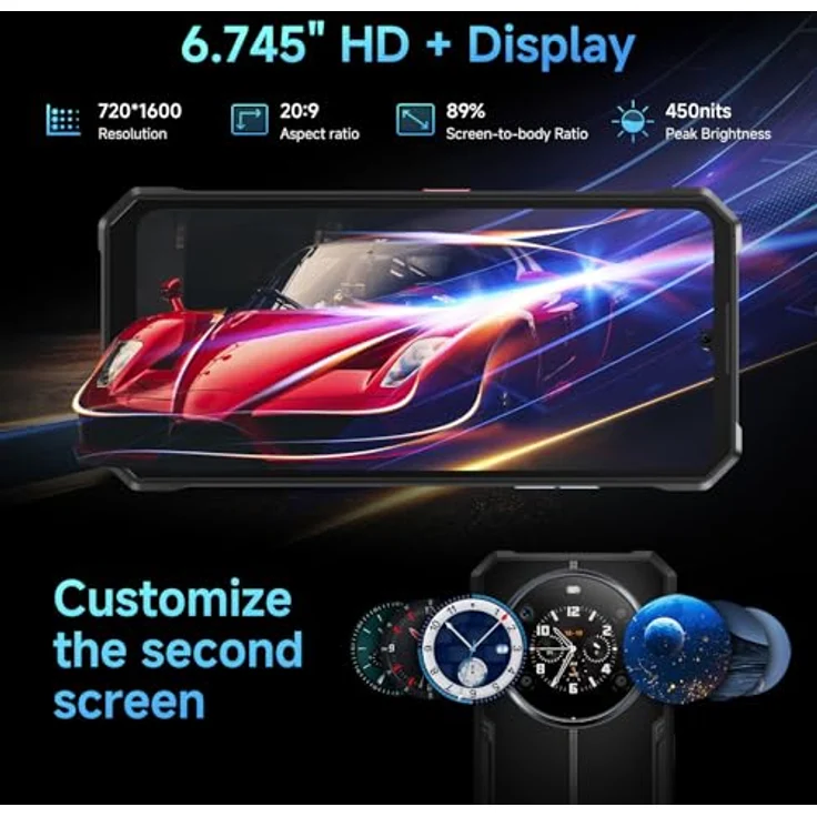 FOSSiBOT F109 5G Outdoor Handy, Android 14 Smartphone mit 24GB RAM, 256GB Speicher, 6,74'' HD+ + 1,32'' Doppel Bildschirm, 50MP + 16MP Kamera, 10600mAh Akku, wasserdicht IP68/IP69K, schwarz – Bild 3