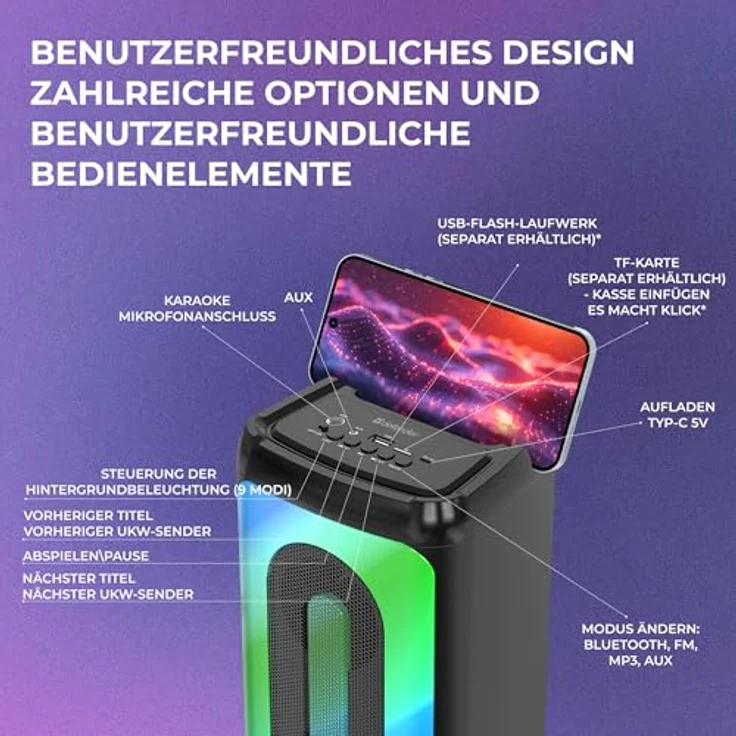 Defender Global Defender Concerto Bluetooth Lautsprecher - Leistungsstarker Boombox mit Bluetooth 5.3, FM-Empfänger, LED-Beleuchtung, Karaoke-Funktion, Tragbar (Schwarz) – Bild 5