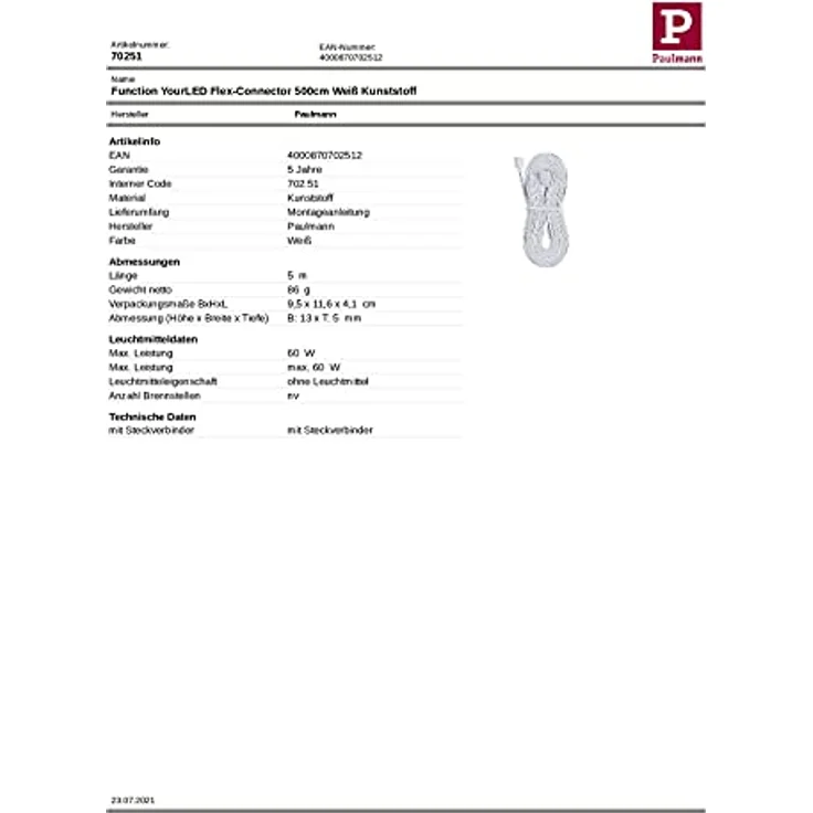Paulmann 70251 YourLED Verbindungskabel für LED Strip 5 m Stripe Zubehör Weiß Überbrückungs-Kabel Kunststoff einfaches Stecksystem – Bild 2