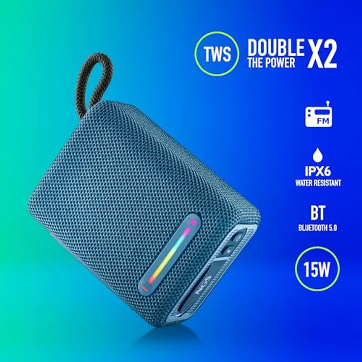 NGS Roller Furia 1, Tragbarer Bluetooth-Lautsprecher mit 15 W, RGB-Lichtern, IPX6-Wasserdichtigkeit, True Wireless, bis zu 9 Stunden Batterielaufzeit, Blau – Bild 4