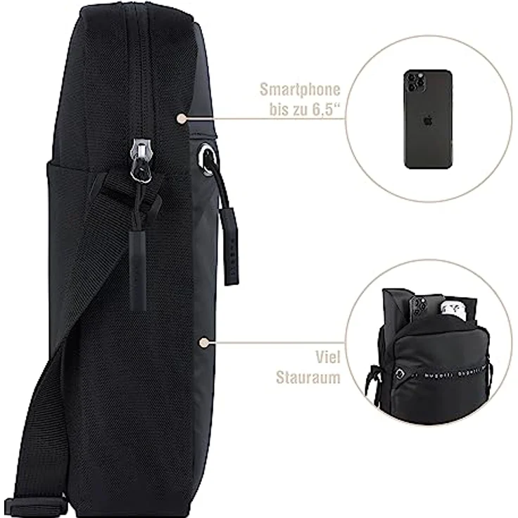 Bugatti Blanc DeLight Messenger Bag, Umhängetasche aus Nylon und Tarpaulin, wasserabweisend, Schwarz, für Laptop bis 15 Zoll – Bild 3