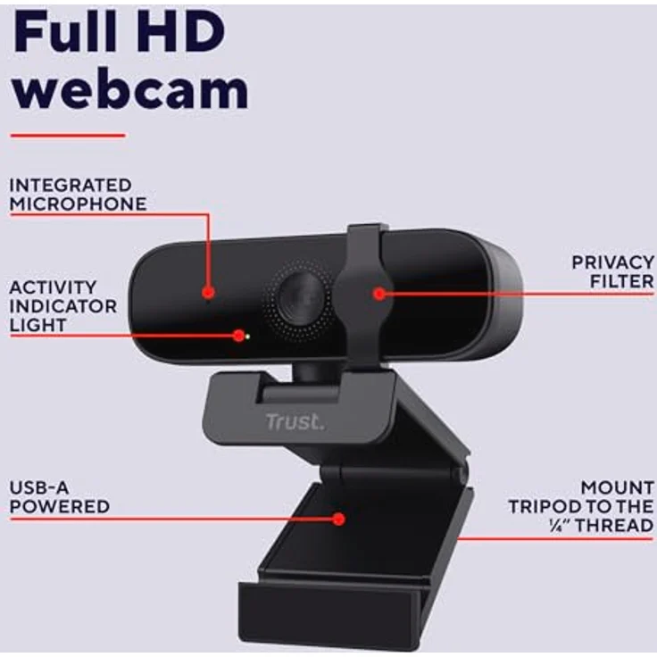 Trust Tanor 1080p Webcam PC, Full HD USB Web Cam mit Blickschutzfilter, PC Kamera mit Mikrofon, Fixfokus 30 FPS, 85% Recyclingkunststoff, Videokamera für Laptop Desktop Mac Windows Zoom Teams – Bild 2