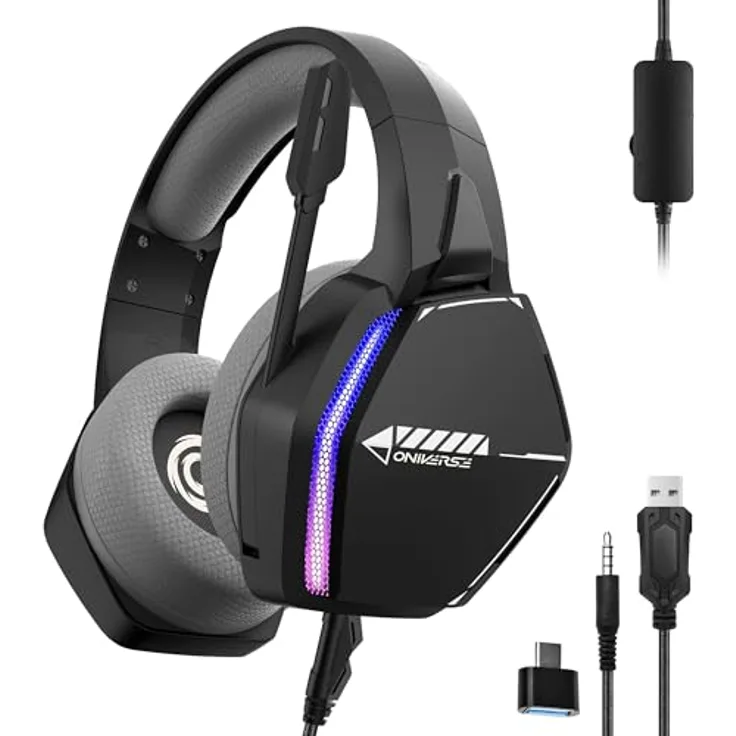 Oniverse Gaming-Headset Nebula (Infinite) mit verstellbarem Mikrofon, LED, Lautsprecher 50 mm, Ohrpolster aus atmungsaktivem Stoff – kabelgebundenes Gaming-Headset, schwarz