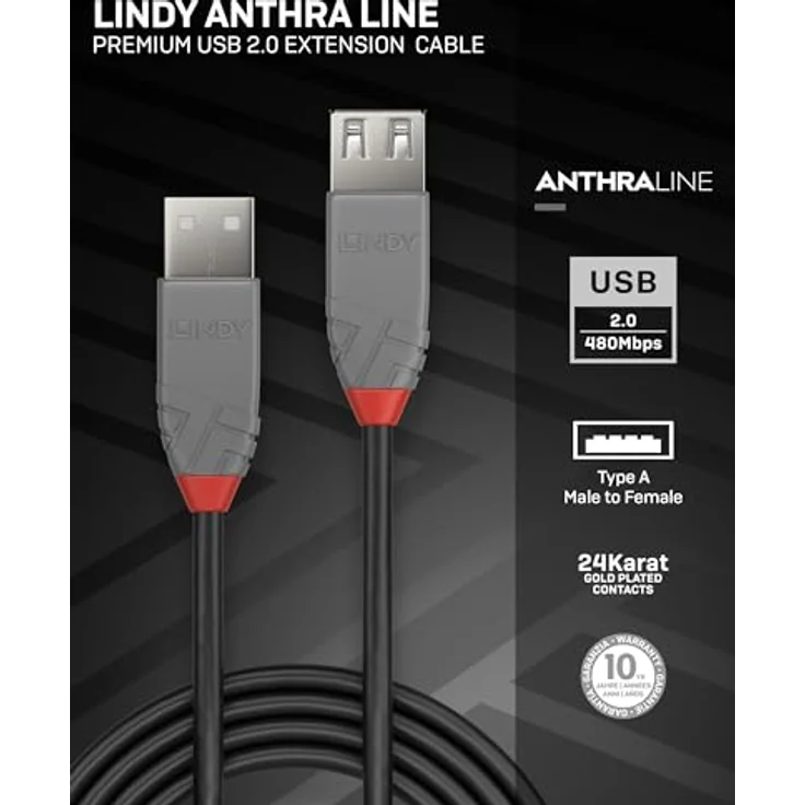 Lindy Anthra Line - USB-Verlängerungskabel - USB (M) bis USB (W) - USB2.0 - 3,0m - rund - Schwarz (36704) - Preisvergleich – Bild 2