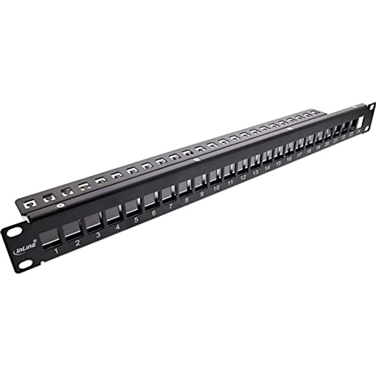 InLine® Patchfeld 24-Fach, Keystone Snap-In Leerblech Patchpanel, 19" (48,26 cm), 1HE, schwarz, für Cat.6A/Cat.6/Cat.5 Module