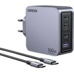 UGREEN Nexode Pro 160W 4-Port GaN Fast Charger, kompakter EU Wandladegerät in Grau mit Intelligenter Temperaturüberwachung und Schnellladeprotokollen