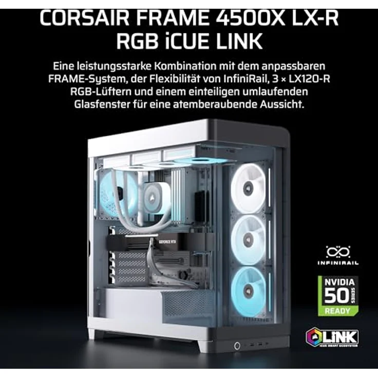 CORSAIR Frame 4500X LX-R RGB LINK, Mid-Tower-PC-Gehäuse mit InfiniRail Lüftermontagesystem, passend für zwei 360 mm Radiatoren, GPU Anti-Sag, inklusive 3x LX120R RGB LINK Lüfter – Weiß – Bild 2