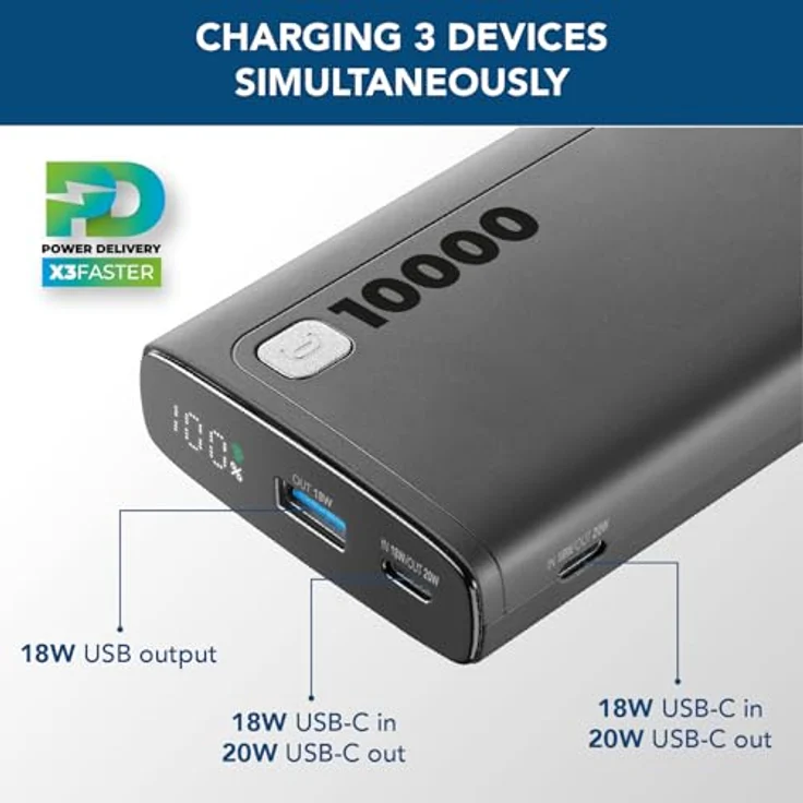 Cellularline Power Bank Elite 10000 PD Black - 10.000 mAh, 72 Stunden Ladezeit, 3 USB-Anschlüsse, LCD-Display – Bild 3