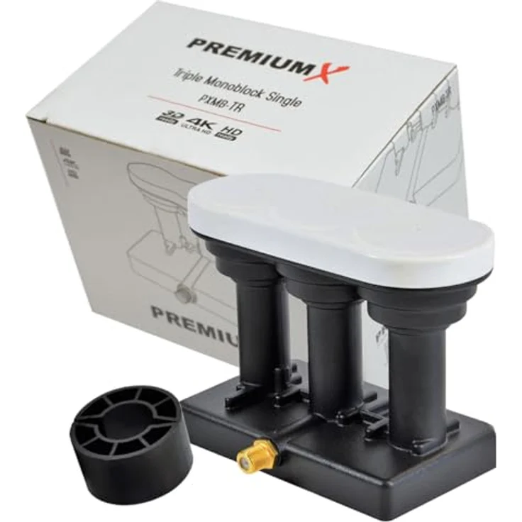 PremiumX Triple Monoblock LNB, Single für 1 Teilnehmer, 4K Full HD, Wetterschutz, kompatibel mit Astra 19,2° E, Eutelsat 16° und Hotbird 13°, Schwarz – Bild 1