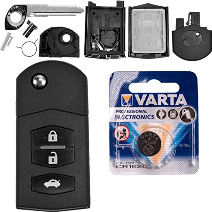 mt-key Auto Klapp Schlüssel Ersatz Gehäuse 3 Tasten mit Rohling und VARTA CR1620 Knopfzelle für Mazda 2 DE, 3 BL, 5 CR, 6 GH, CX-7 ER, MX-5 NC