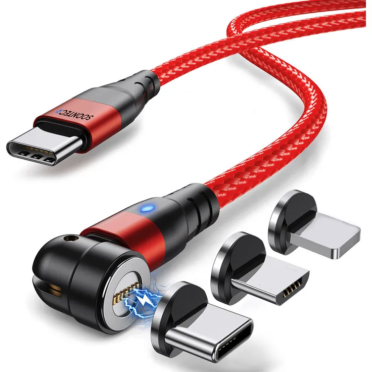 SOONTEC Magnet Ladekabel 2 Meter Fast Charge 60W PD, 3-in-1 mit Micro USB, Typ C und Lightning, Rot