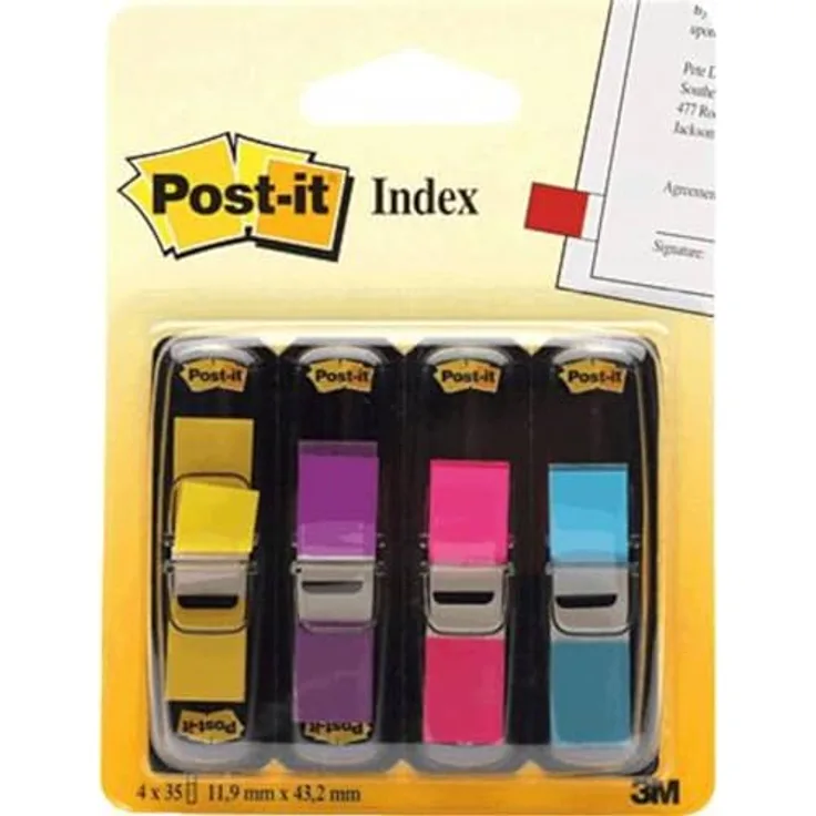 Post-it Notes Haftstreifen Index Mini Set, 4x35 Streifen in lemon, lila, pink, türkis, selbsthaftend und wiederablösbar