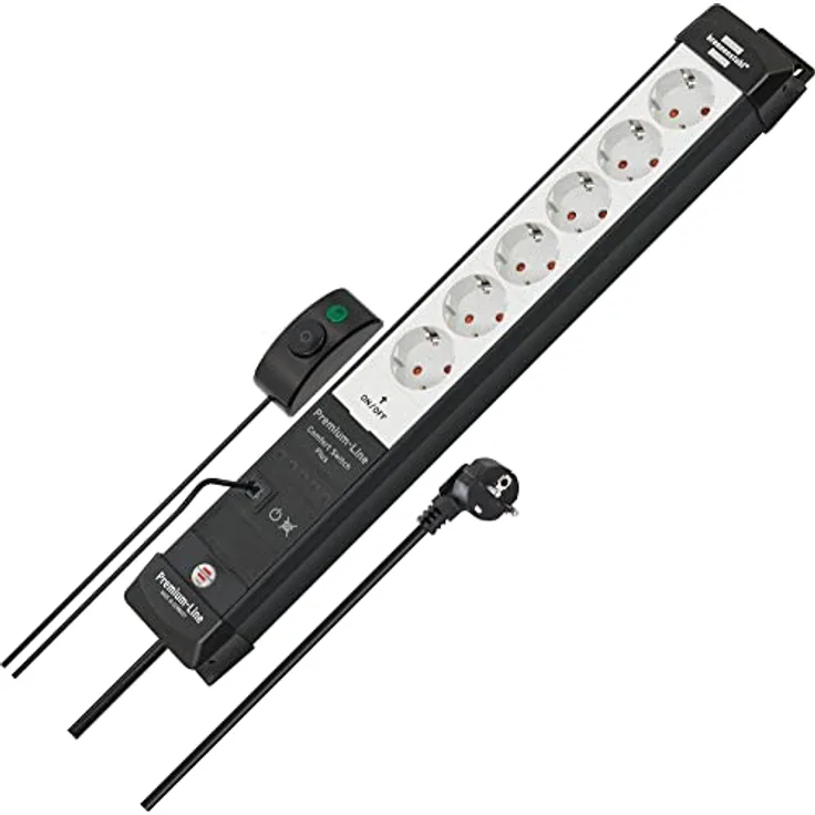 Brennenstuhl Premium-Line Comfort Switch Plus Steckdosenleiste 6-Fach (3m Kabel, zusätzlicher Hand-/Fußschalter, Steckdosenleiste Wandmontage, Made in Germany) schwarz/grau