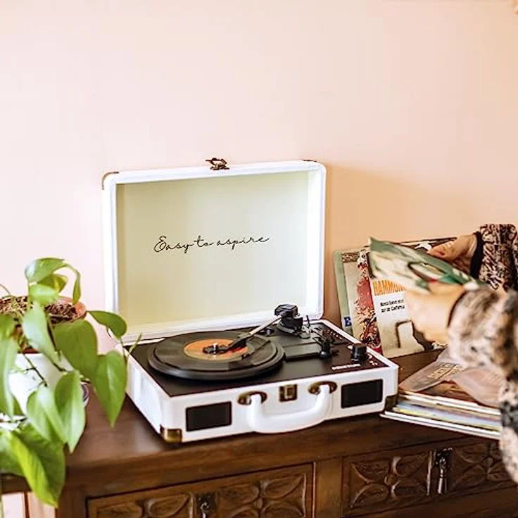 PRIXTON - VC400 Vintage-Vinyl-Plattenspieler - Vinyl-Player & Konverter über Bluetooth & USB - 2 eingebaute Lautsprecher - Weiß – Bild 5