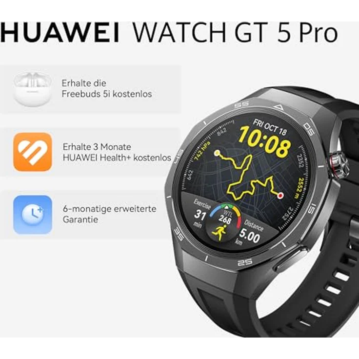 HUAWEI Watch GT 5 Pro 46 mm Smartwatch, Schwarz, Kunstvolles Design, Sportfunktionen auf Profi-Niveau, Health-Tracking, EKG-Monitoring, bis zu 14 Tage Akkulaufzeit, GPS, Bluetooth-Anrufe, iOS & Android – Bild 2
