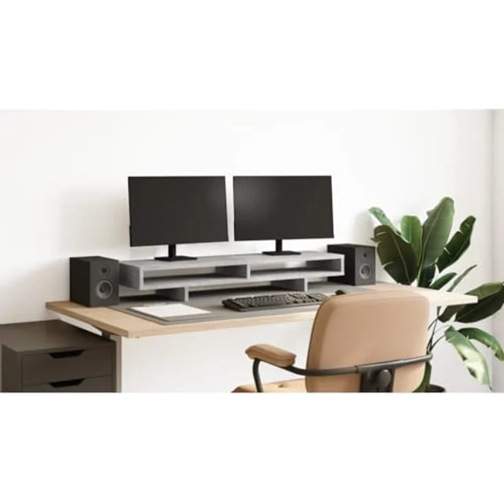 vidaXL Monitorständer Zementgrau 100 x 27 x 15 cm Massivholz Kiefer doppelte Monitorhalterung verstellbare Computer-Monitorhalterung – Bild 2