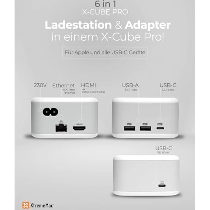 XtremeMac X-Cube Pro USB-C Dockingstation - Leistungsstarker 6-in-1 USB Hub mit 130W - Ideal für den modernen Setup – Bild 2