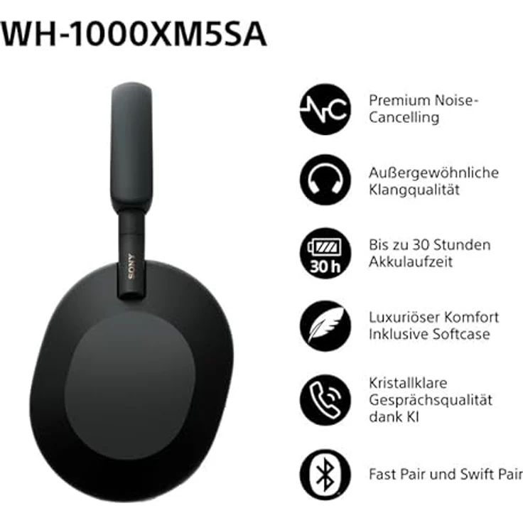Sony WH-1000XM5 SA, kabellose Bluetooth Noise Cancelling Kopfhörer mit 30h Akku, Touch Sensor, Schutzhülle, Schwarz – Bild 2