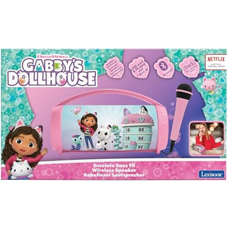 Lexibook Gabby's Dollhouse Bluetooth Light Speaker, tragbarer Lautsprecher mit mehrfarbigen Lichteffekten, Karaoke-Mikrofon und TWS-Stereosound, magisches Haus, pink – Bild 6