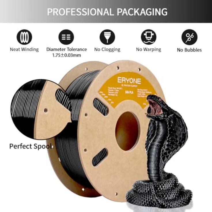 ERYONE Silk PLA Filament 1.75 mm, 3D Drucker Filament für glänzende Drucke, Schwarz, 1 kg/Spule – Bild 2
