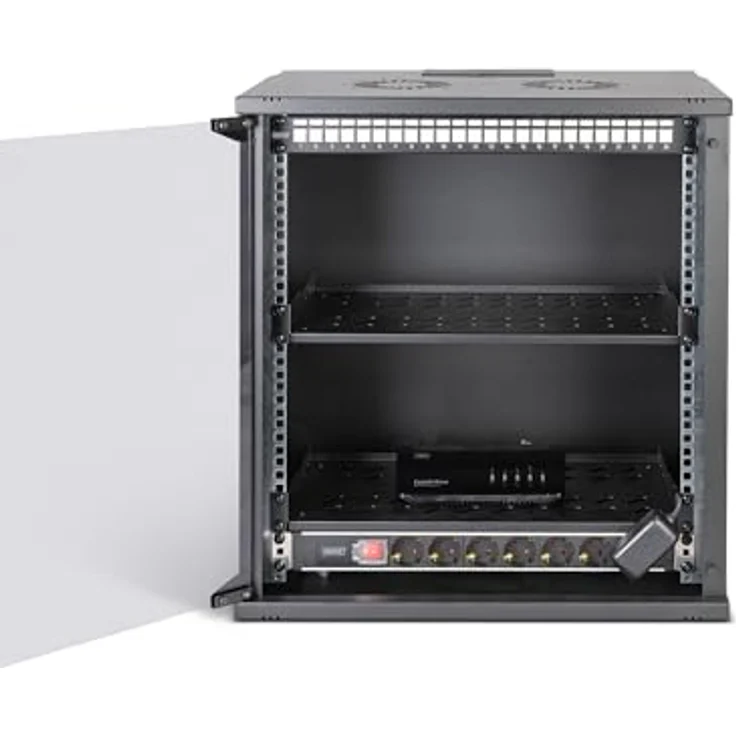 DIGITUS 19 Zoll Netzwerk-Set, 12HE Netzwerkschrank mit 2 Fachböden, 24-Port Patch Panel, 24 Keystone Module, 30 Patchkabel, Steckdosenleiste, unmontiert, SOHO PRO-Serie, Schwarz – Bild 2