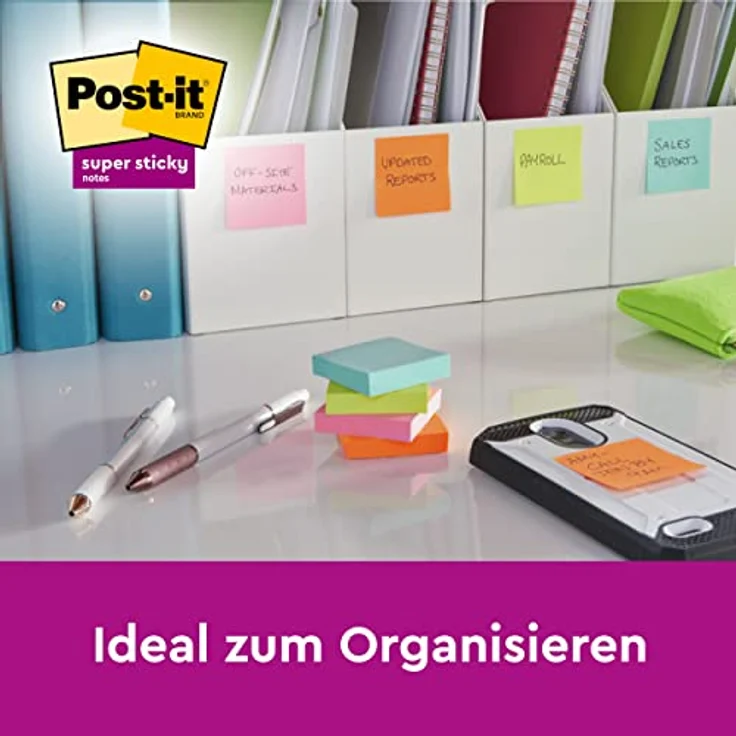Post-it Super Sticky Z-Notes Haftnotizblock, 76x76 mm, extra starke Haftung, 16 Stück in immergrün, ultragelb, powerpink und paradiseblau – Bild 6