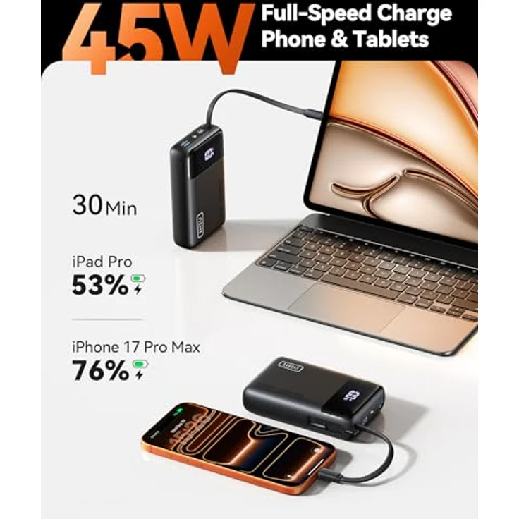 INIU MegaPower 22,5 W, Power Bank 20000 mAh mit USB-C Ein- und Ausgang, eingebautem Kabel, kompaktes Design – Bild 3