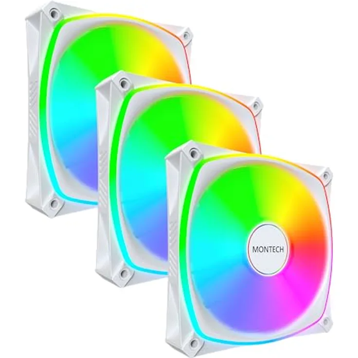 Montech RX120 PRO PWM Reverse Lüfter, ARGB, 120mm, 3er-Pack, weiß, 600–1.600 U/min, leiser Betrieb bis 27,8 dBA